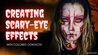Woman wearing white mesh scary eye contacts and veiny zombie makeup beside glowing title text.