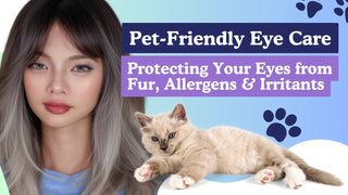 Woman with light blue colored contacts beside a kitten with pet-friendly eye care guide text.
