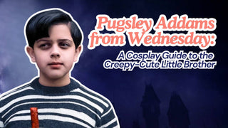Pugsley Addams in a black and white striped sweater beside cosplay guide title text.