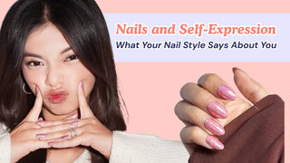 A woman making a playful face beside a close-up of sparkly pink glitter almond press on nails.