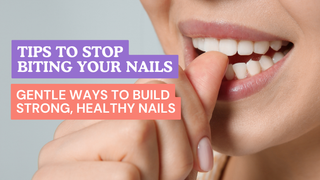 Close-up of a woman biting her thumbnail with text on how to stop biting nails.