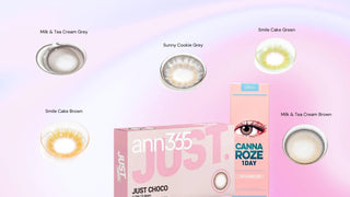 Korean contact lenses in brown, grey, and green shades beside Just Choco and Canna Roze packaging.