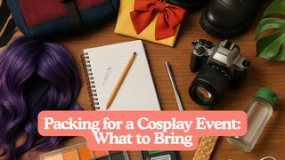 Cosplay items with a purple wig, camera, notebook, and text Packing for a Cosplay Event: What to Bring.