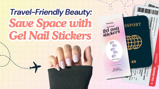 Pale lavender square nails beside Eyecandys gel nail stickers, a passport, and boarding passes.