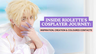 Cosplayer Riolette wearing a blonde wig and colored contacts beside article title text.