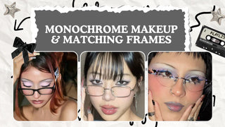 Three women wear rectangular and rimless glasses paired with a graphic eye makeup look.