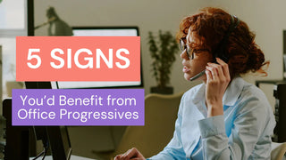 Woman with curly red hair wearing glasses and a headset at an office desk beside text about office progressives.