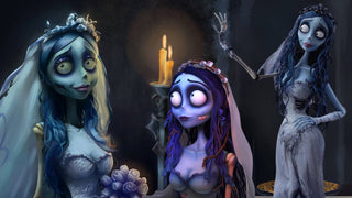 Three versions of Emily, the Corpse Bride, depicted in a gothic setting with eerie candlelight, showcasing her melancholic elegance.