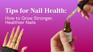 Hands holding a cuticle oil dropper beside pink manicured nails and nail health tips text.