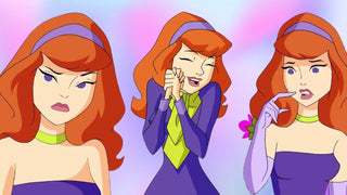 Daphne Blake shown in three animated poses wearing her purple headband, purple dress, and green scarf.