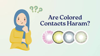 Text asking are colored contacts haram beside an illustrated woman in a hijab and four colored lenses.