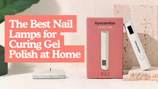 Eyecandys white handheld LED nail lamp and pink box beside text on the best nail lamp for gel polish.