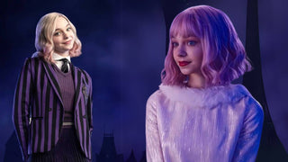 Enid Sinclair outfits showing her purple striped school uniform and shimmering pink dress with pink hair.