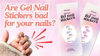 Eyecandys gel nail stickers packaging beside a hand with red bow nail art and text asking if they are bad for nails.