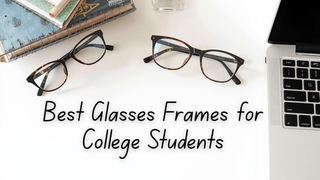 Black and tortoiseshell glasses for college students on a white desk with notebooks and a laptop.