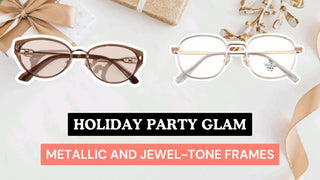 Brown oval glasses and metallic blue light glasses on a festive gift background with a holiday glam banner.