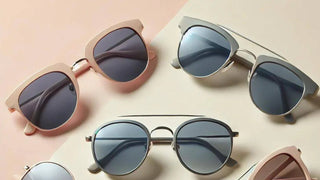 Pink and gray sunglasses with dark lenses arranged flat across a split pastel background.