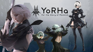 2B YoRHa from NieR: Automata cosplay with black gothic outfit, white bob wig, and blindfold mask
