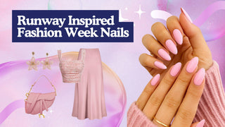 Pastel pink almond fashion week nails paired with a matching pink skirt, floral top, and saddle handbag.