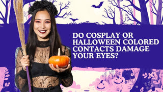 A woman in a witch costume holds a pumpkin beside text asking if halloween contact lenses damage your eyes.