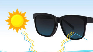 Black frame sunglasses next to a sun illustration with wavy yellow and blue light rays.