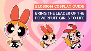 Powerpuff Girls Blossom cosplay guide featuring three character poses over a pink heart background.