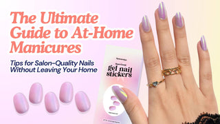 Iridescent pink semi-cured gel nail stickers on a hand and packaging for an EyeCandys at-home manicure guide.