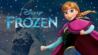 Disney Frozen logo beside Anna wearing her signature Anna outfit with a magenta cape.
