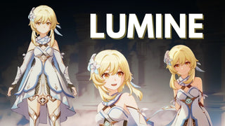 Character Lumine with short blonde hair, golden eyes, and a white dress shown in three poses beside bold LUMINE text.