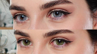 Split comparison of eyes wearing light blue colored contacts on top and green lenses below.