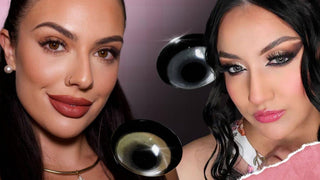 Two women wearing colored contacts for dark eyes with floating hazel and grey lenses between them.