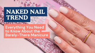 Hand with short, pale nude nails showing the naked nail trend over pink glitter.