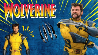 Cosplay as Wolverine with yellow and blue X-Men costume and iconic metal claws