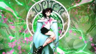 Illustration of Sailor Jupiter on a vibrant green background, showcasing her strong and confident pose – perfect for fans of the Sailor Moon series