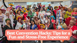 A large group of One Piece anime cosplayers posing together in costumes at a convention.