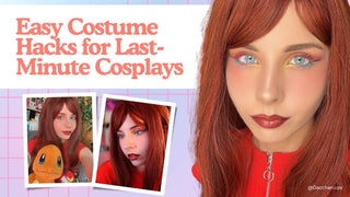 Cosplayer wearing light blue colored contacts and a red wig beside text for last minute cosplays.