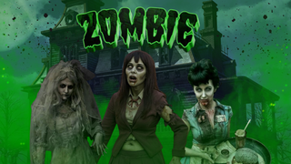 Three women in zombie cosplay wear white contacts and undead makeup in front of a green haunted mansion.