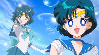 Sailor Mercury with short blue hair wearing her sailor mercury costume against a blue sky with bubbles.