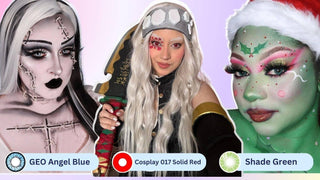 Three cosplayers wearing blue, red, and green colored contacts with stitched, anime, and festive makeup.