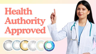 Blog cover image showcasing a health professional pointing upwards, symbolizing the importance of health authority approval for colored contact lenses, highlighted by a row of colorful lens samples below.
