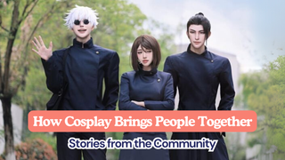 A group anime cosplay with three people in dark uniforms and styled wigs posing outdoors.