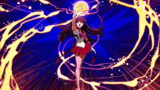 Sailor Mars wearing a red and white sailor mars costume while summoning glowing fiery yellow energy spirals.