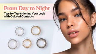 Woman wearing light blue colored contacts beside five grey and brown contact lenses.