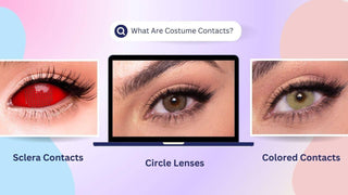 Examples of costume contacts showing red sclera lenses, a hazel lens on a laptop screen, and a light green lens.