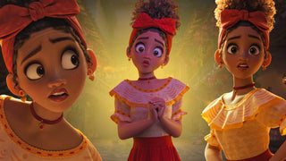 Dolores Madrigal from Encanto in three poses with surprised expressions, wearing a red bow and yellow ruffled top.