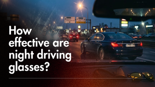 Yellow-tinted glasses on a car dashboard facing night traffic with text asking how effective night driving glasses are.