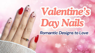 Romantic nail designs with glossy red polish and cherry accents beside Valentine's Day Nails text on pink.