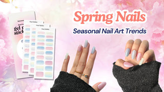 Seasonal nail art with pastel glitter almond nails next to Pearl Skittles gel nail sticker strips.