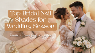 Bridal nail colors featuring nude nails with white lace art beside a smiling bride and groom.