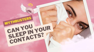 Graphic asking can you sleep in your contacts beside a winged lens and a person lying in bed.
